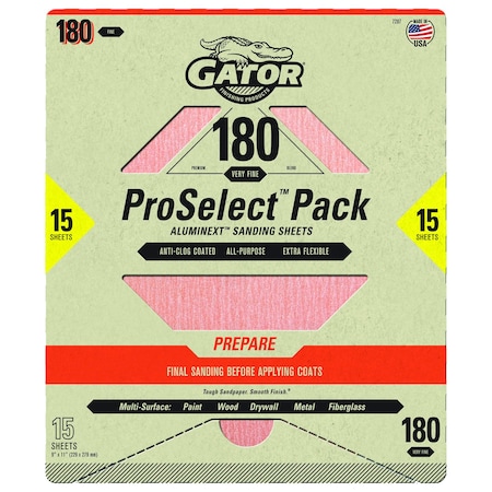 Gator Finishing ProSelect Pack AlumiNext Sanding Sheets, 180 Fine Grit 7287